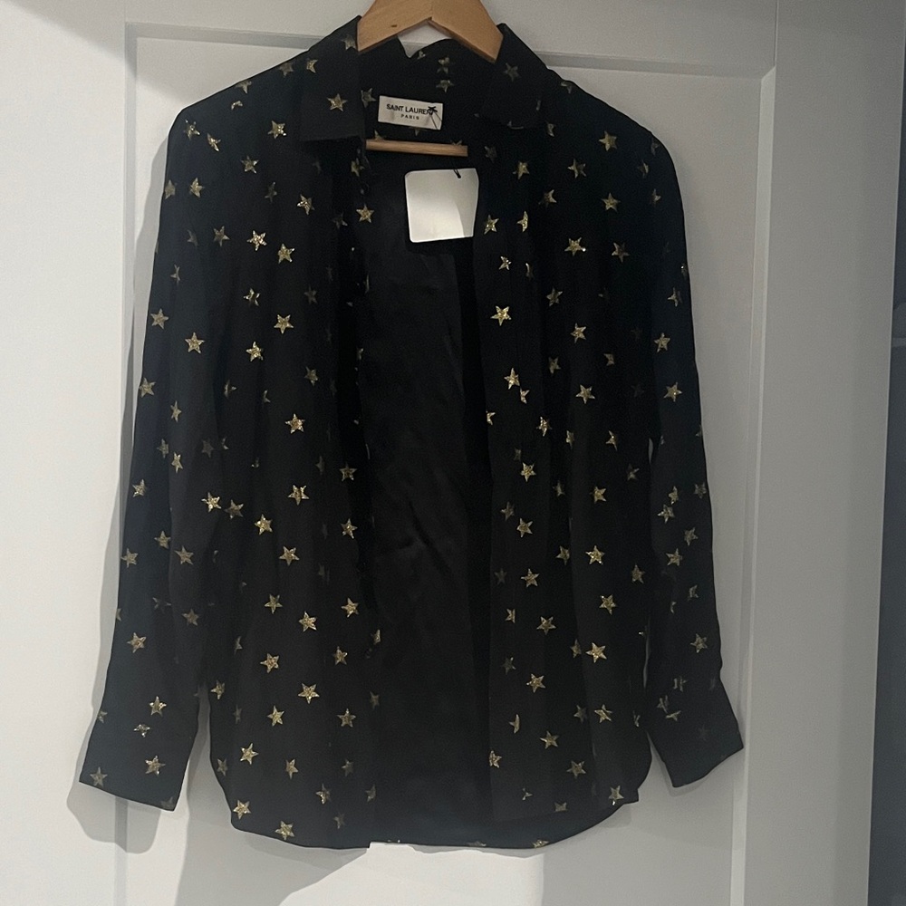 Saint Laurent Black Silk Shirt with Gold Star Motif